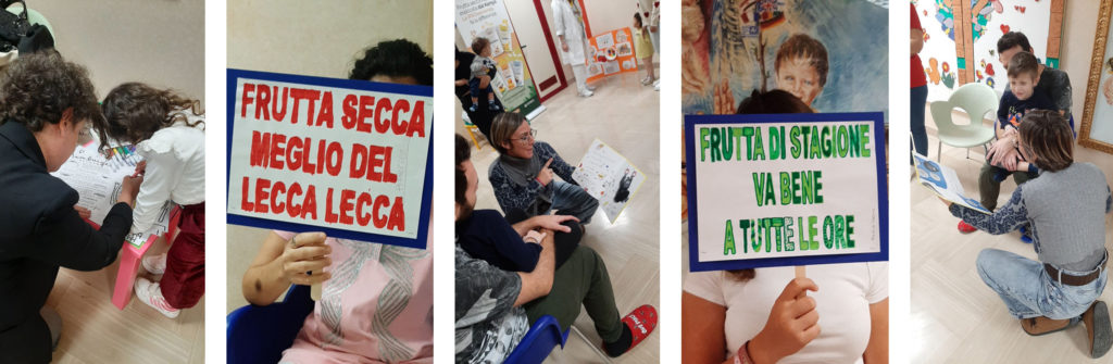 Collage di cinque foto che documentano l'evento: due scatti mostrano lo staff che interagisce con i bambini durante attività didattiche. Al centro, due foto mostrano i cartelli con gli slogan