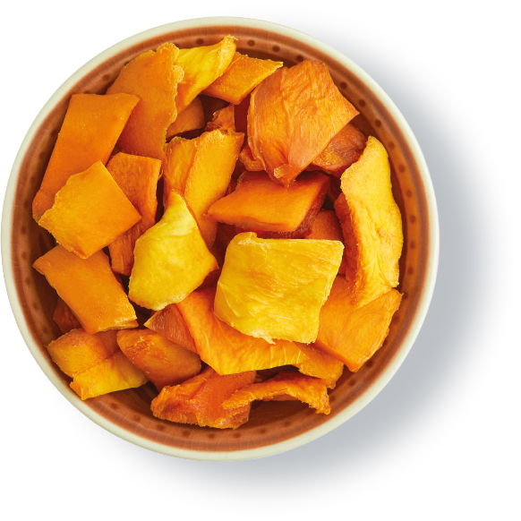 Una ciotola di ceramica con bordo marrone chiaro, riempita fino all'orlo con pezzi di mango essiccato di colore arancione intenso e giallo. La foto è scattata dall'alto, con la ciotola posizionata su uno sfondo grigio chiaro e uniforme.