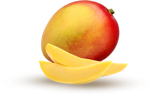 Un frutto di mango intero, maturo, con buccia rossa e gialla, è posizionato su uno sfondo grigio chiaro e neutro. Davanti al frutto intero, si vedono due spicchi di polpa gialla, liscia e succosa.