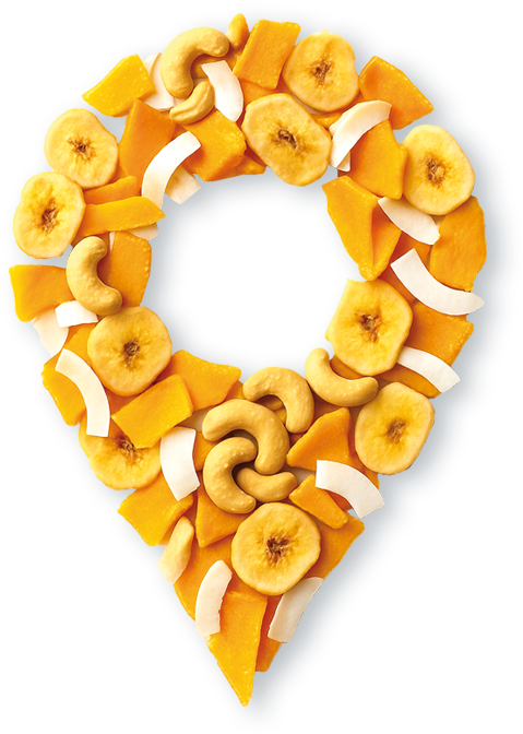 Map Pin con Frutta Secca ed Essiccata: Simbolo di Viaggio del Gusto con Mango, Banana, Cocco e Anacardi