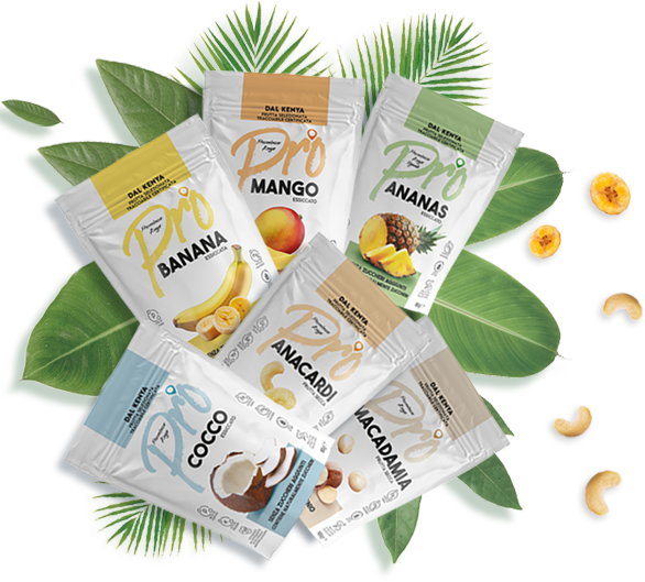 Una composizione di pacchetti di snack Pro a base di frutta secca ed essiccata in snack monodose, provenienti dal Kenya, disposti su foglie verdi tropicali. I gusti visibili includono banana, mango, ananas, cocco, anacardi e macadamia. L'immagine presenta anche alcuni anacardi e fette di banana essiccata sparse. Snack salutari, frutta essiccata, frutta secca, Kenya, cibo vegano, merenda, alimentazione sportiva.