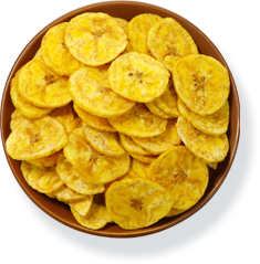 Ciotola di rondelle di banana essiccata naturale, snack croccante e salutare.