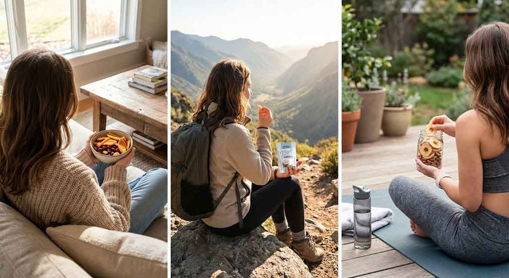 Donna che consuma snack sani e naturali in tre diversi momenti: relax a casa, trekking in montagna e dopo lo yoga.