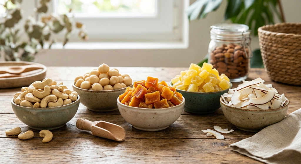 Varietà di frutta secca e disidratata in ciotole di ceramica